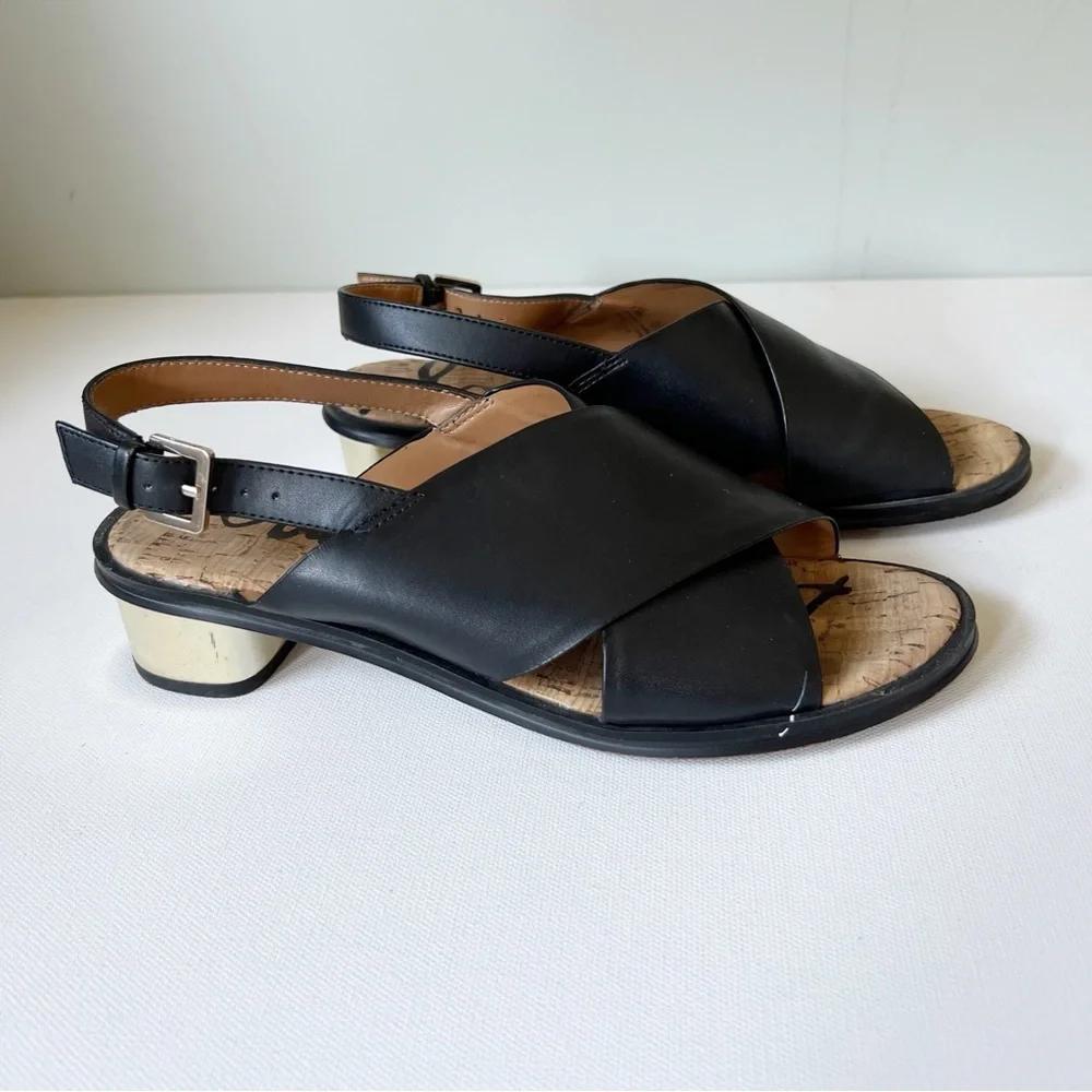 SAM EDELMAN Black Faux Leather Sandals with Gold Heels.
